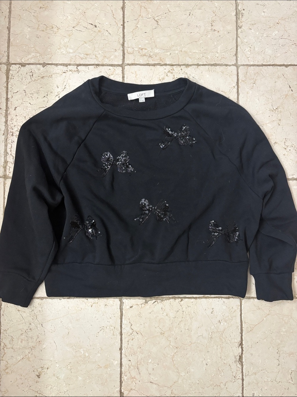 LOFT Black Sweatshirt with Sequin Bow Accents